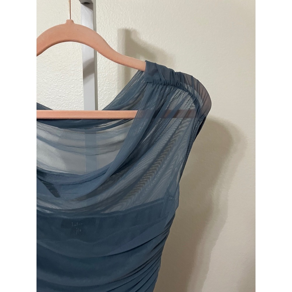 NWT Lulus Sunama Slate Blue Mesh Ruched Bodycon Midi Dress Small - Picture 7 of 11